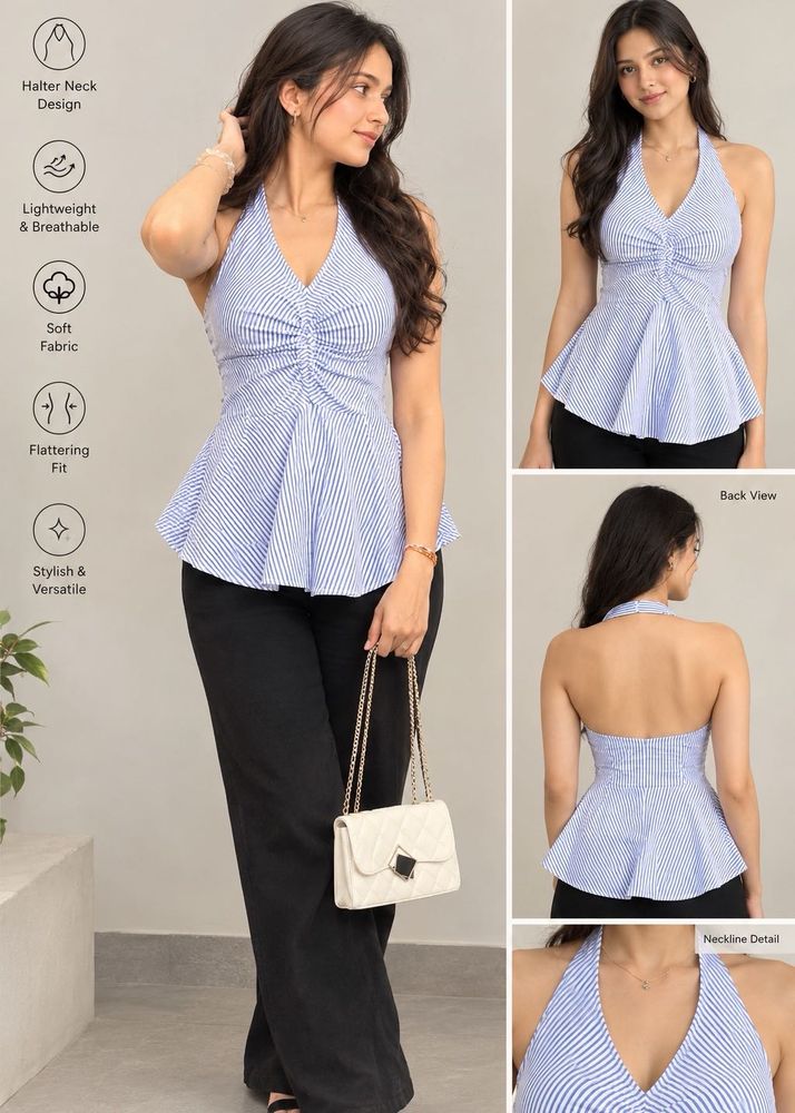 Blue Striped Halter Neck Peplum Top