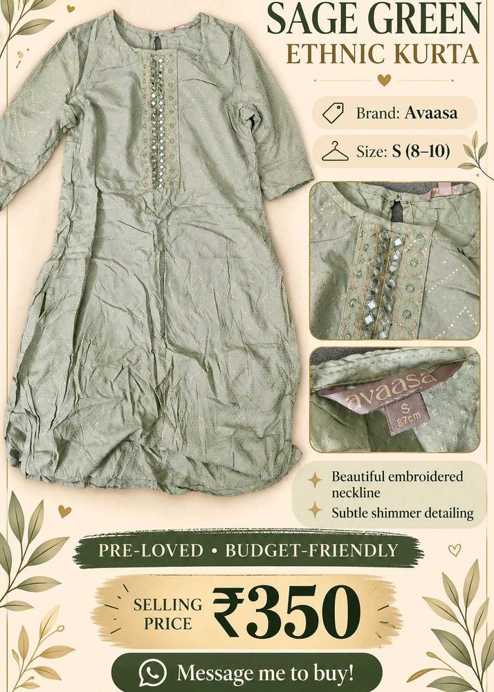 Sage Green Ethnic Kurta with Shimmer Detail