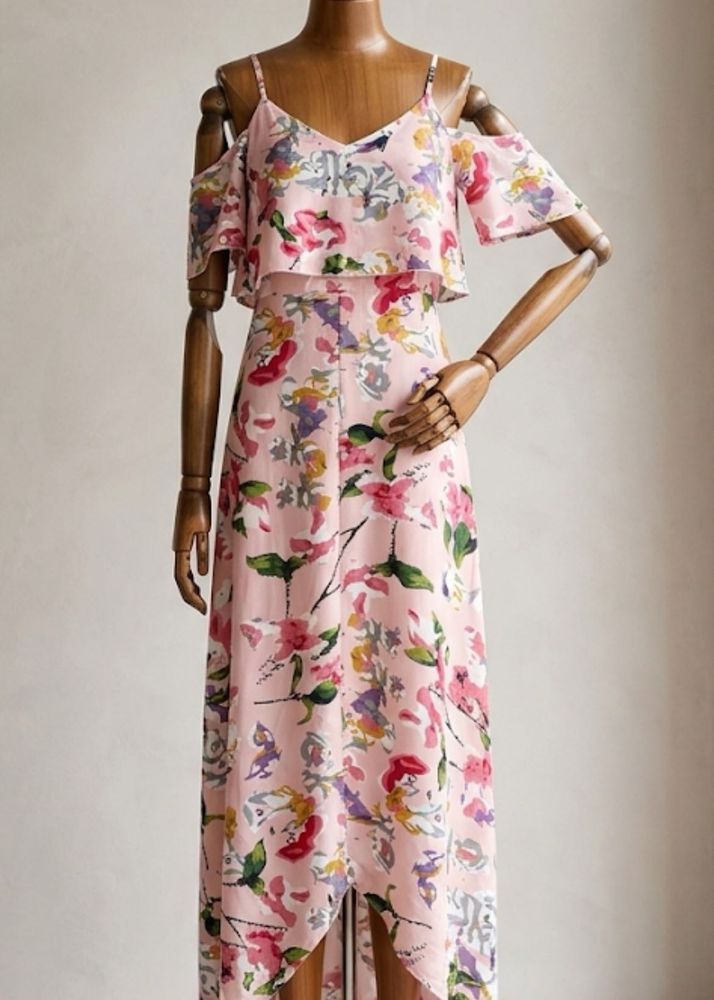 Romantic Pink Floral Print Ruffle Overlay Dress