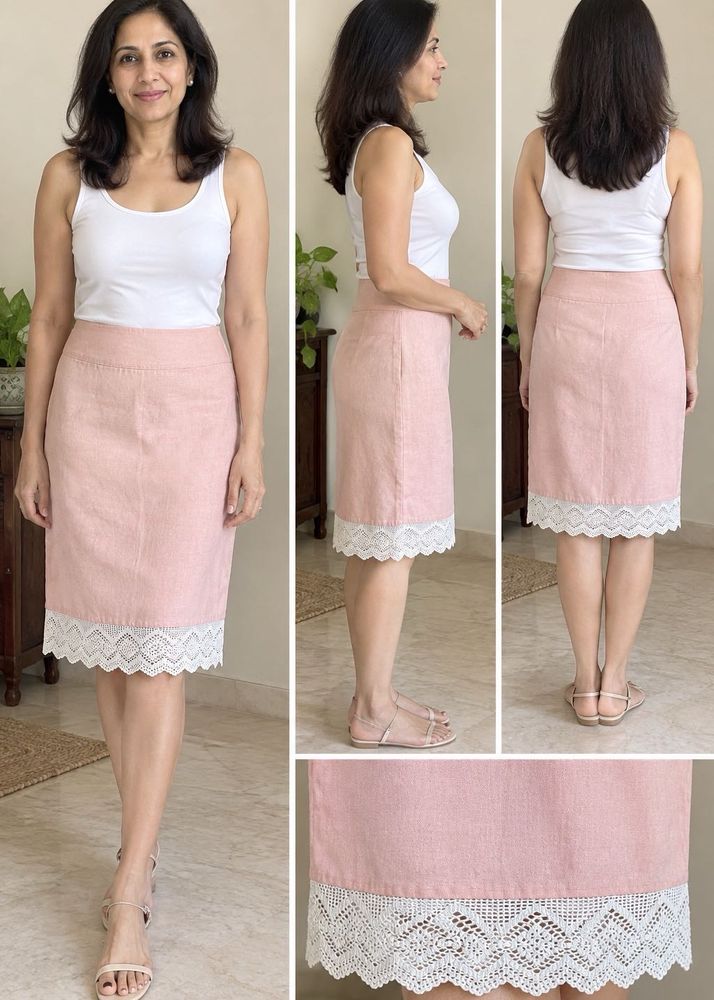 Chic Peach Skirt with Handmade Crochet Lace Trim