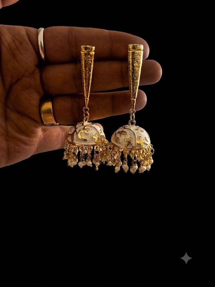 Gold ivory modern jhumkas