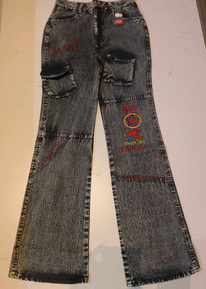 Vintage Y2K Black Acid Wash Flared Cargo Jeans