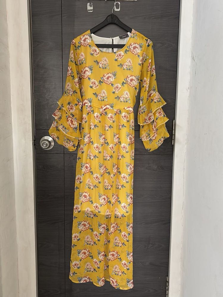 Yellow Floral Ruffle Sleeve Maxi Dress