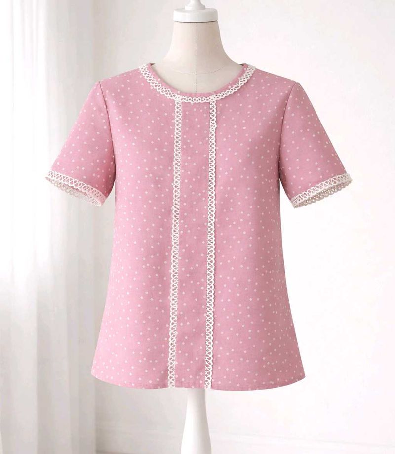 Pink Polka Dot Top with Lace Trim