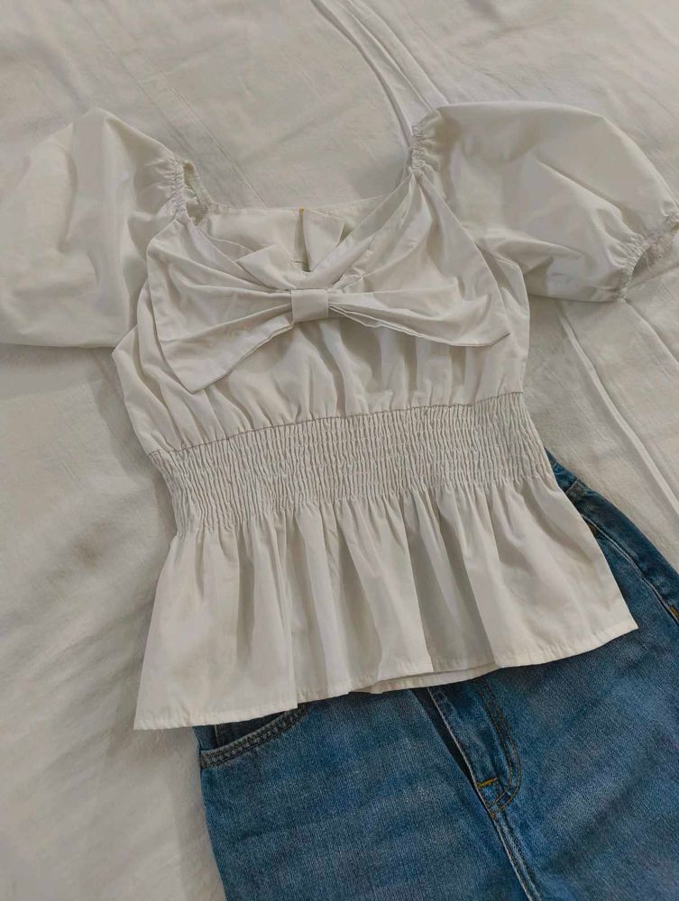 White Smocked Bow Blouse
