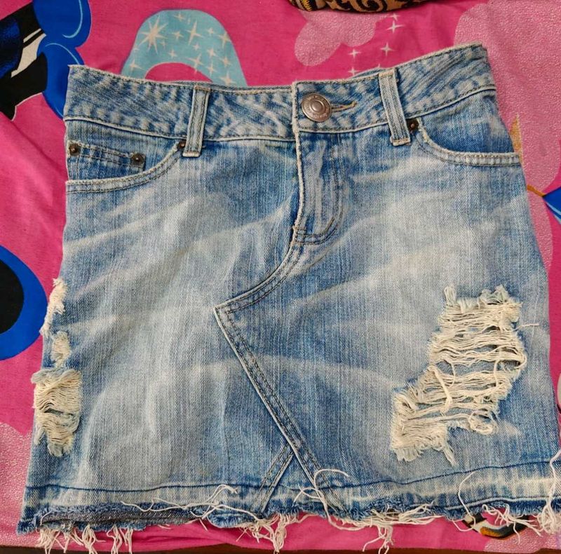 Distressed Denim Mini Skirt