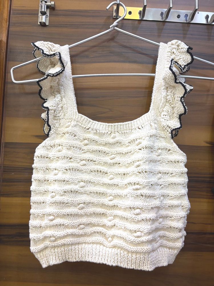 Off White Knit Top with Ruffle Sleeves
