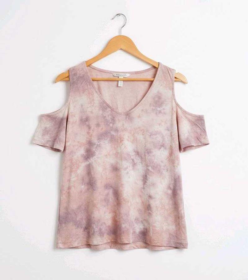 Peach and Lavender Tie-Dye Cold-Shoulder V-Neck To