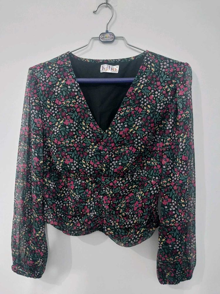 Floral Print Ruched V-Neck Top