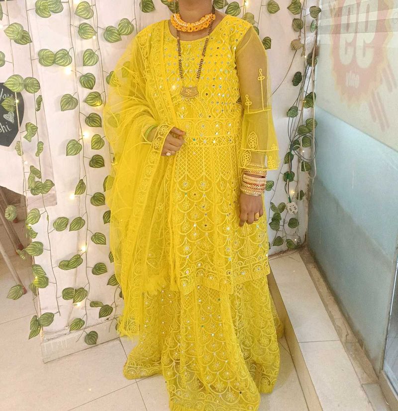 Yellow Embroidered Lehenga With Long Choli