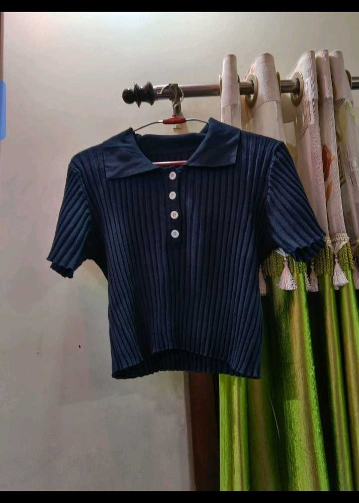 Navy Blue Ribbed Polo Neck Top