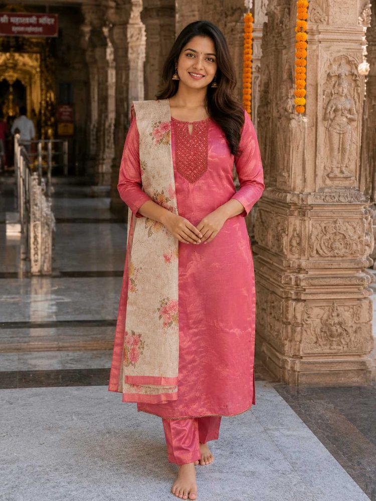 Elegant Pink Kurta Set with Floral Dupatta