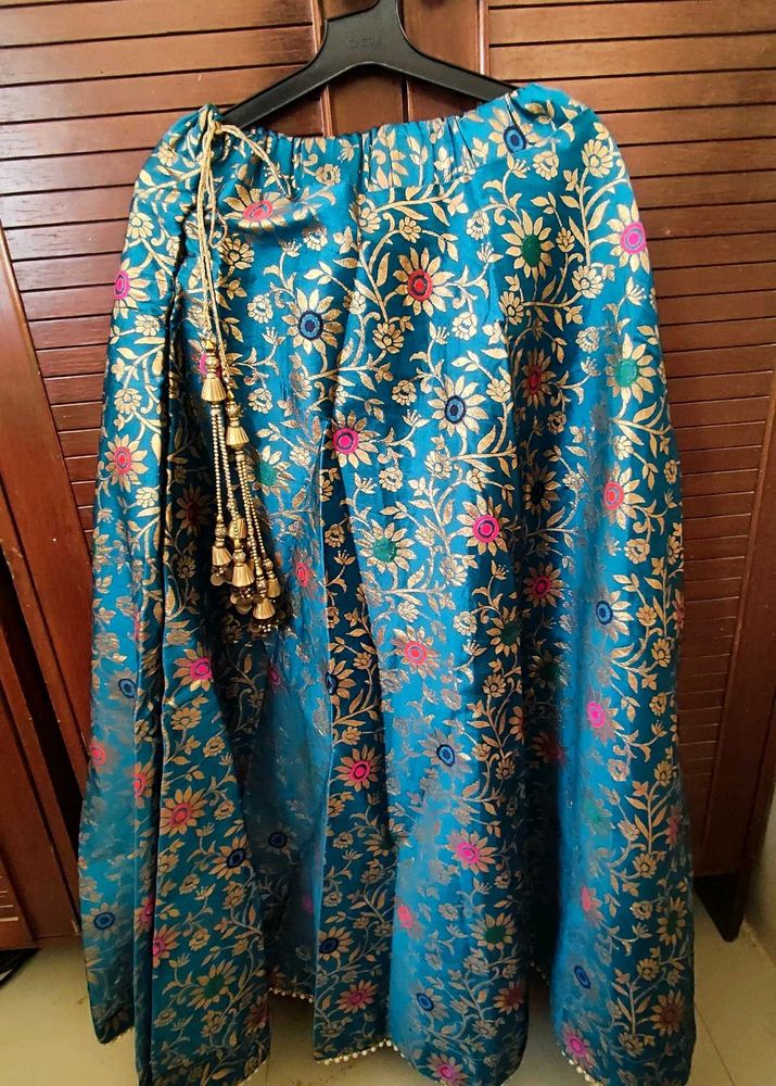 Teal Blue Floral Brocade Skirt