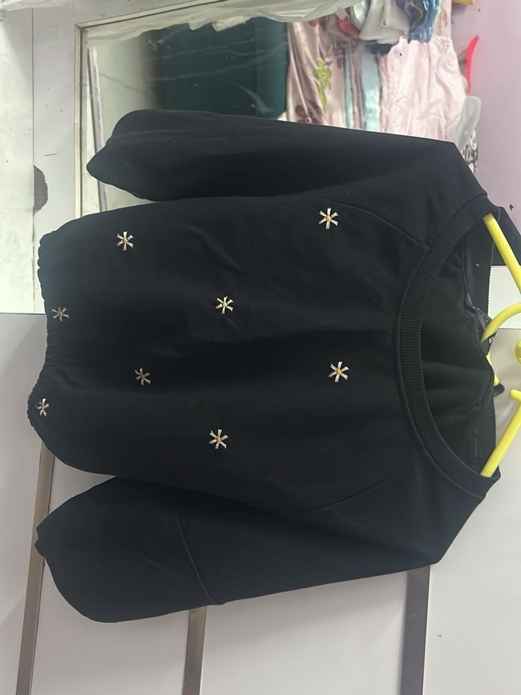 Black Embroidered Long Sleeve Top