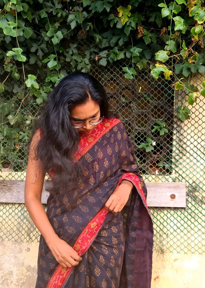 Black and Red Saree With Golden Print
