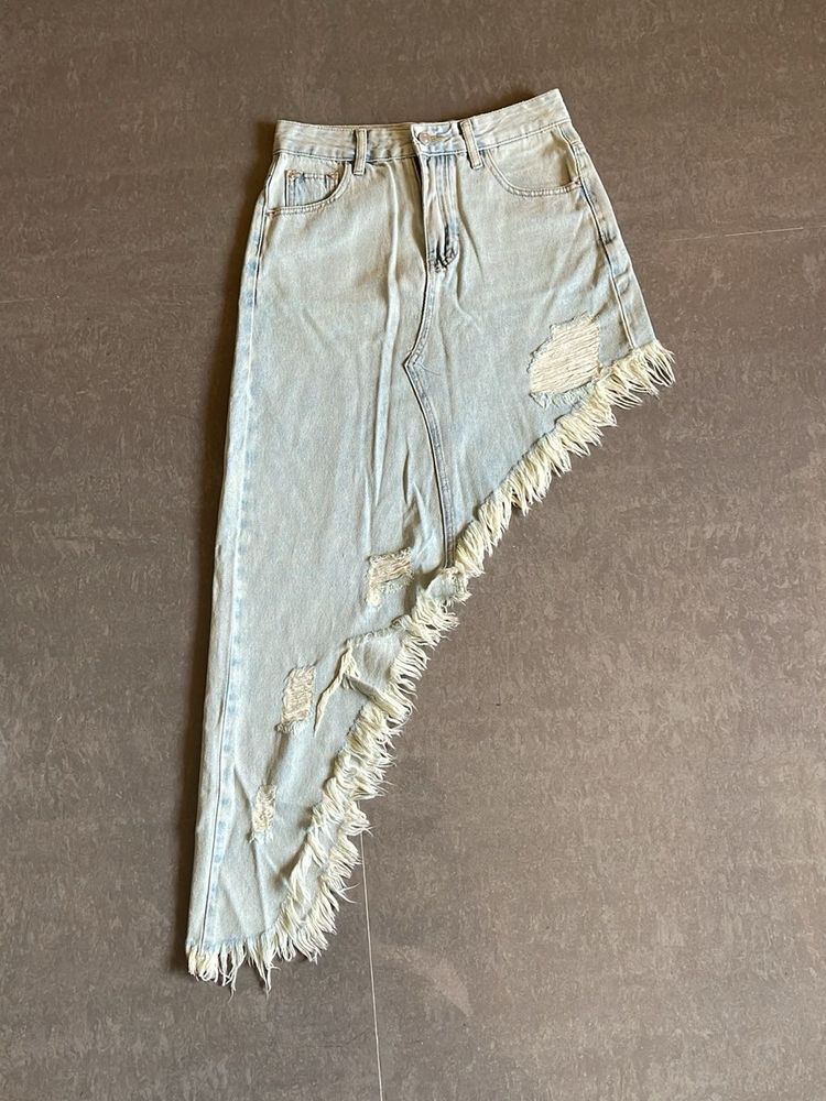 Distressed Denim Asymmetrical Skirt