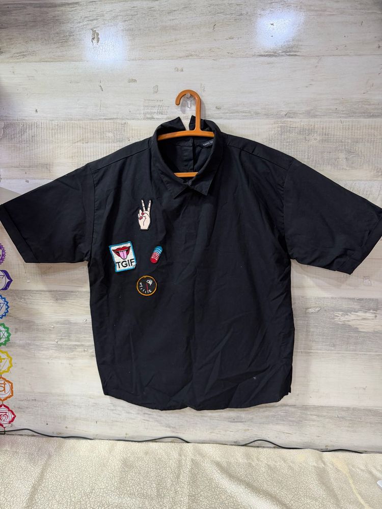 Black Patchwork Short Sleeve Button-Up