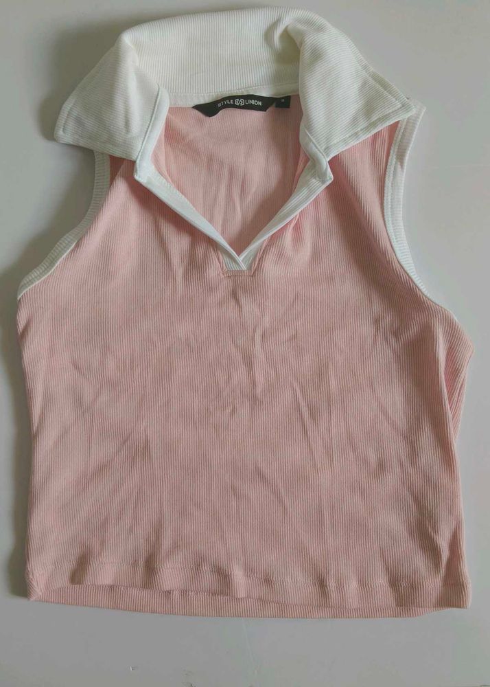 Pink Ribbed Polo Crop Top
