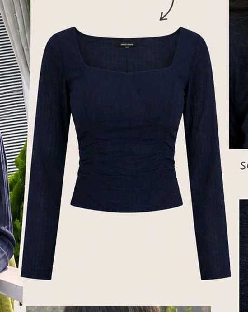Chic Navy Blue Ruched Square Neck Top