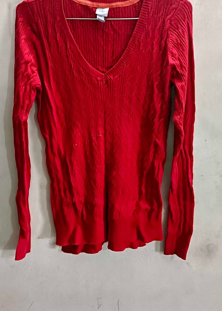 Red V-Neck Long Sleeve Top
