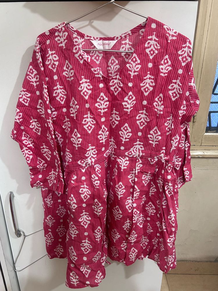 Pink &amp; White Block Print Kurta