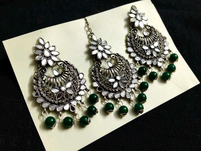 Oxidized Silver Mirror Work Earring Set
