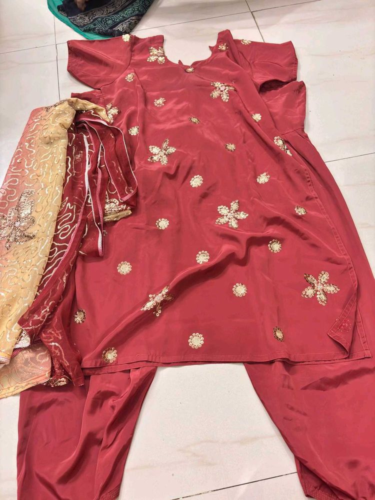 Embroidered Red Kurta Set with Dupatta