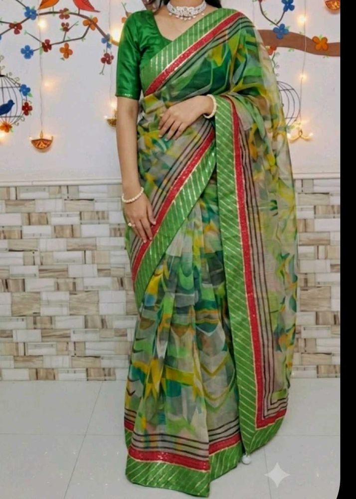 Vibrant Abstract Print net Saree