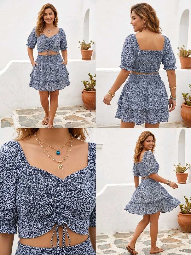 Blue Floral Crop Top &amp; Skirt Set