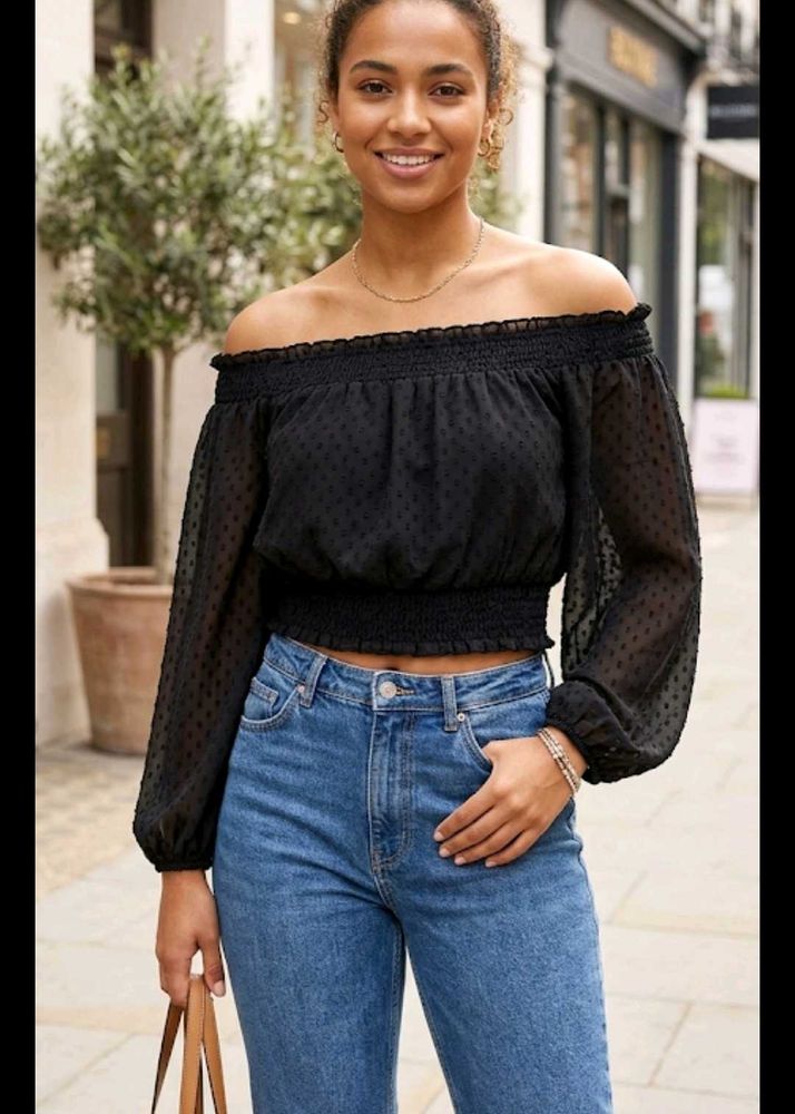 H&amp;M Black Off-Shoulder Smocked Top