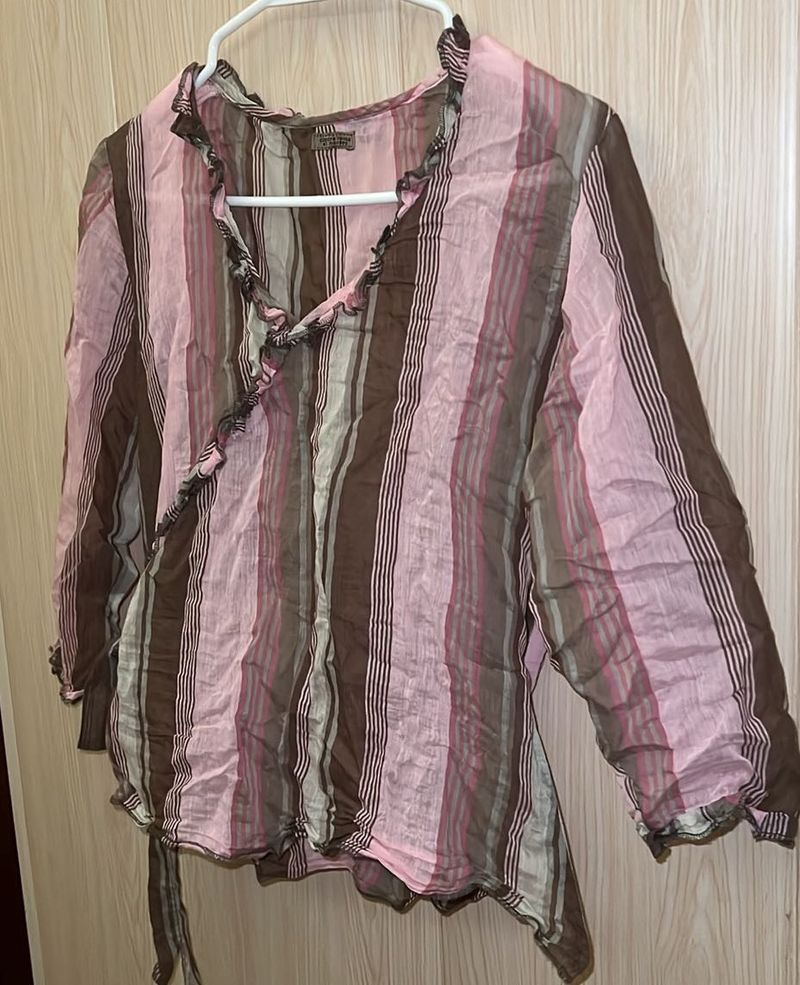 Striped Ruffled Wrap Blouse