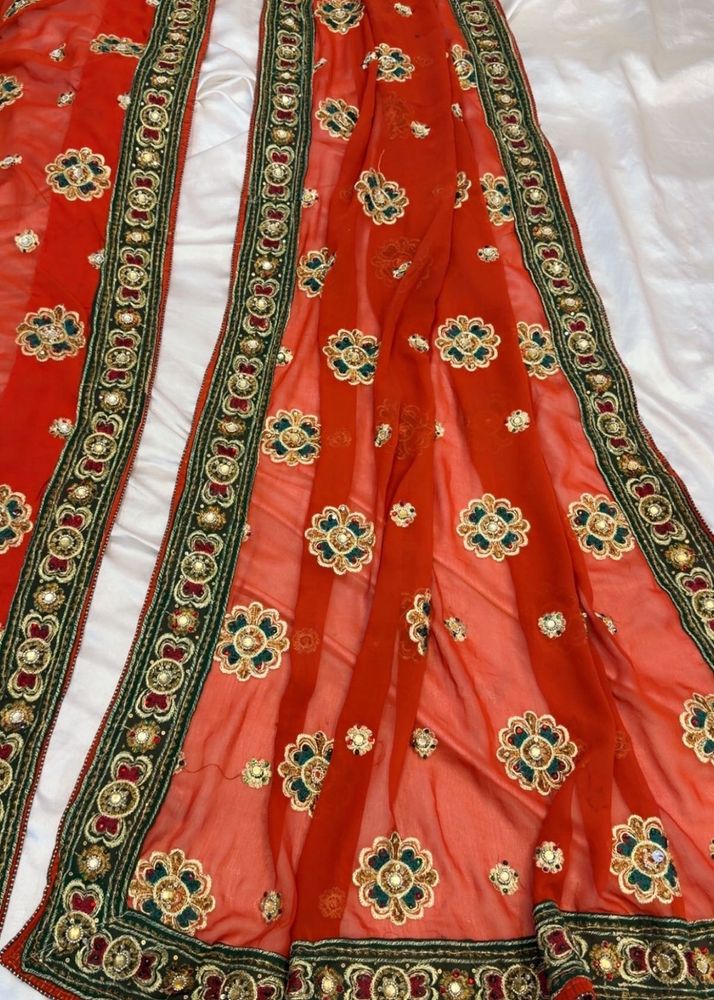 Embroidered Orange Saree