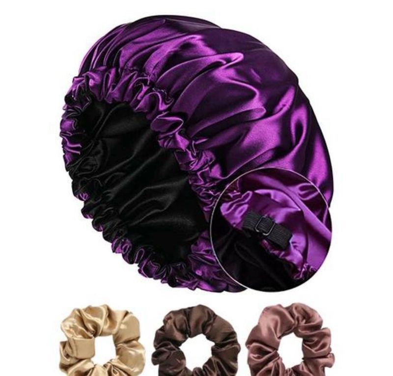 Satin Sleep Bonnet &amp; 1 Scrunchies- Magenta color