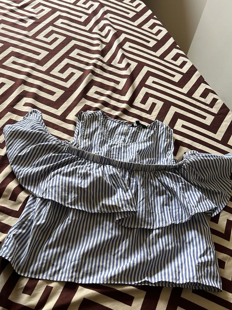 Blue and White Striped Cold Shoulder Top