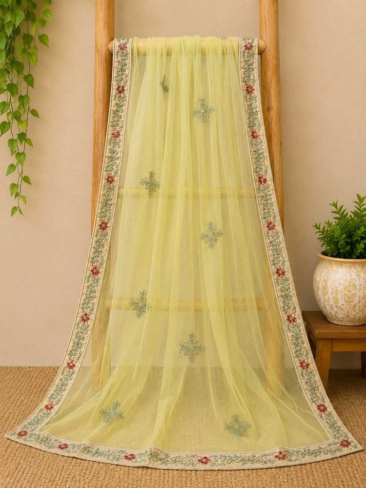 New Embroidered lime green Net Dupatta