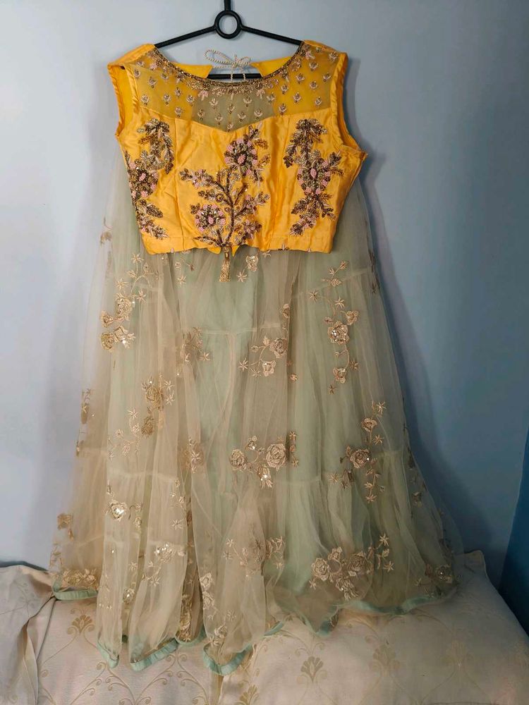 Embroidered Yellow Blouse &amp; Mint Lehenga Set