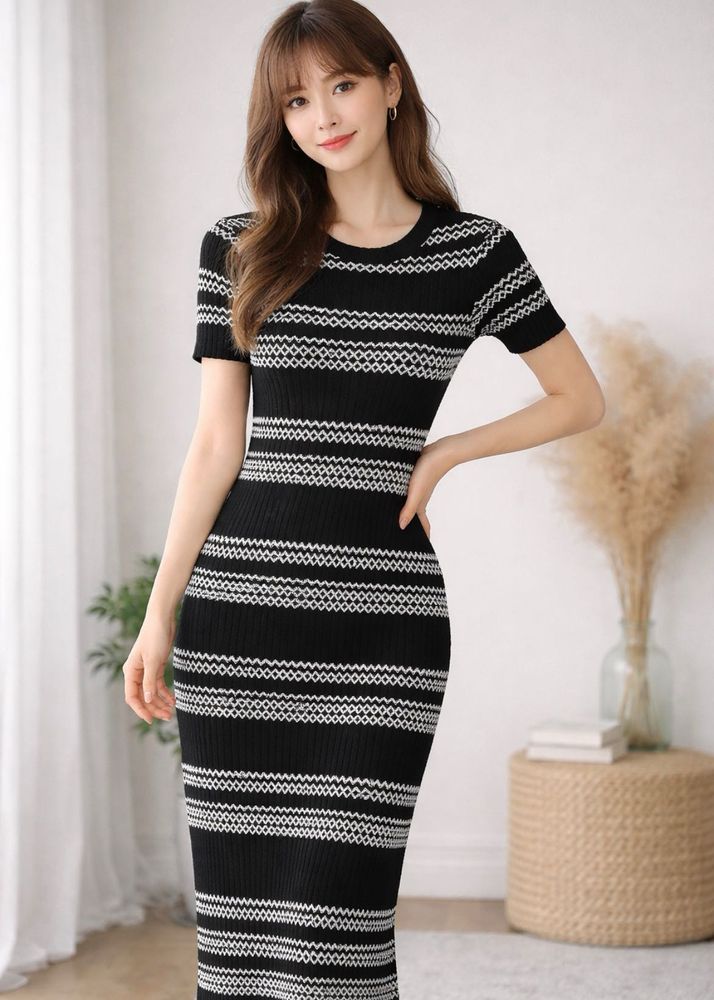 Chic Striped Knit Midi Dress