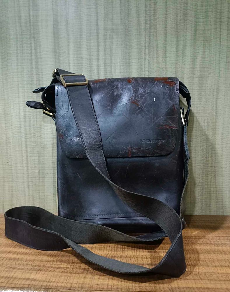 Vintage Black Leather Messenger Bag