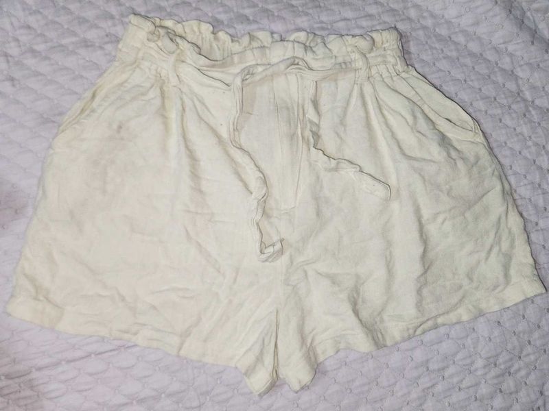 Cream Linen Blend Paperbag Shorts