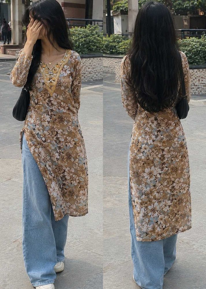 Floral Print Kurta with Embellished Neckline