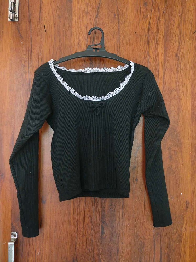 Black Lace Trim Long Sleeve Top