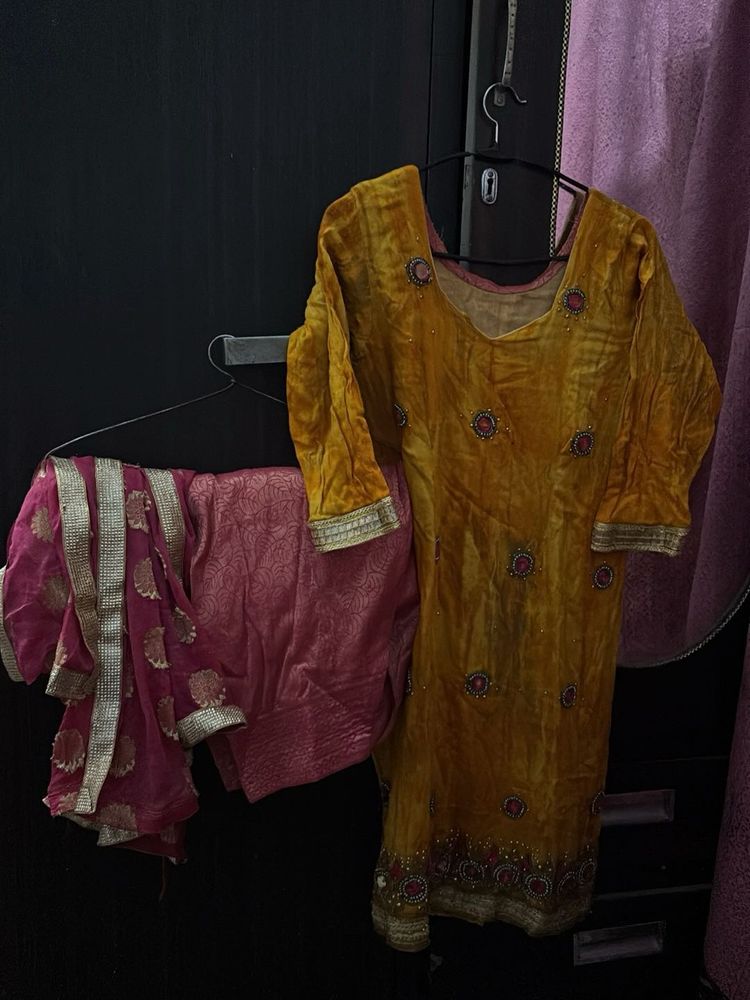 Elegant Yellow Kurta Set with Pink Dupatta