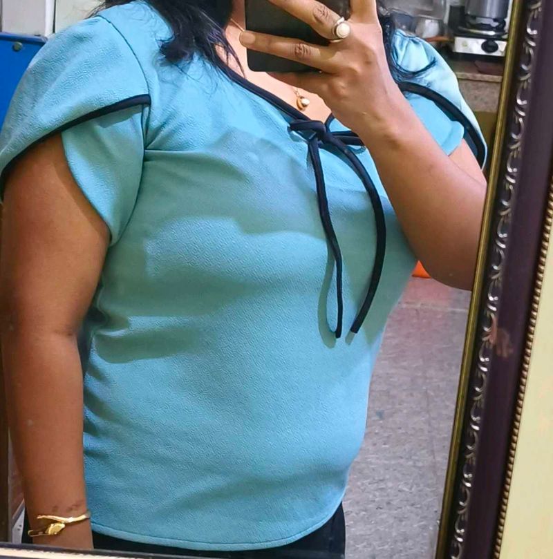 Aqua Blue Tie-Neck Top