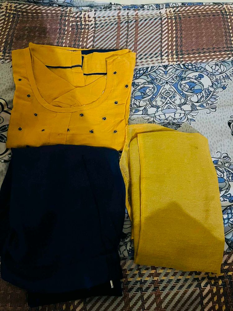 Yellow Kurta Set with Navy Pants