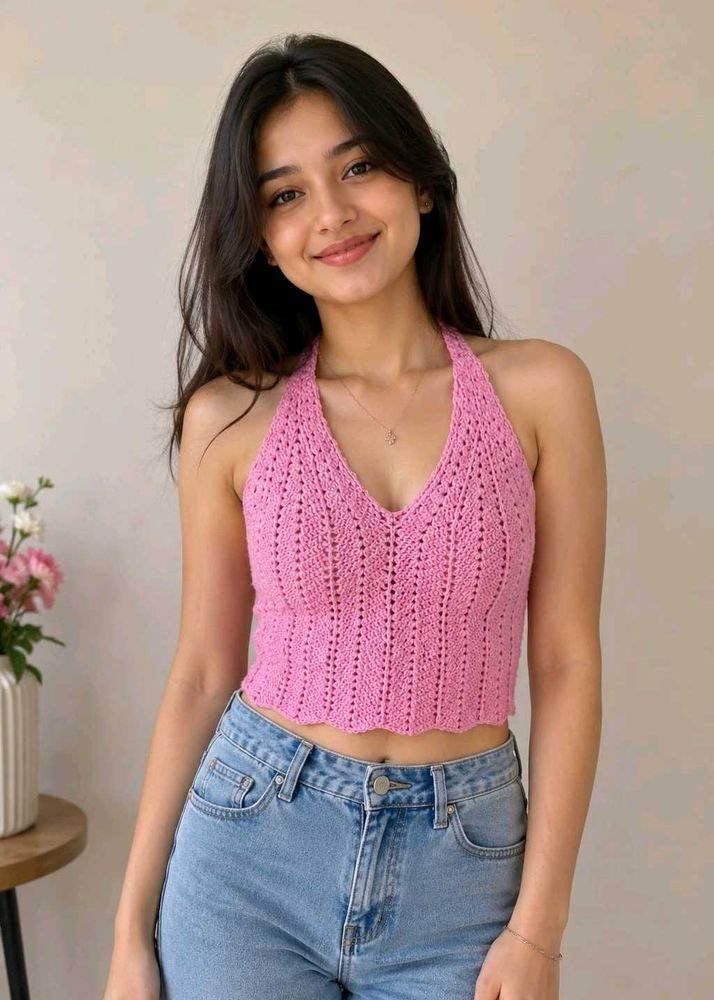 Pink Crochet Halter Neck Crop Top