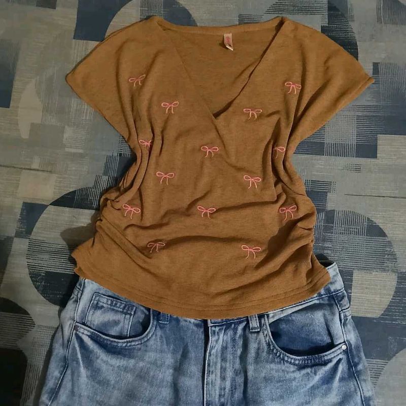 Cute Brown Bow Print Top