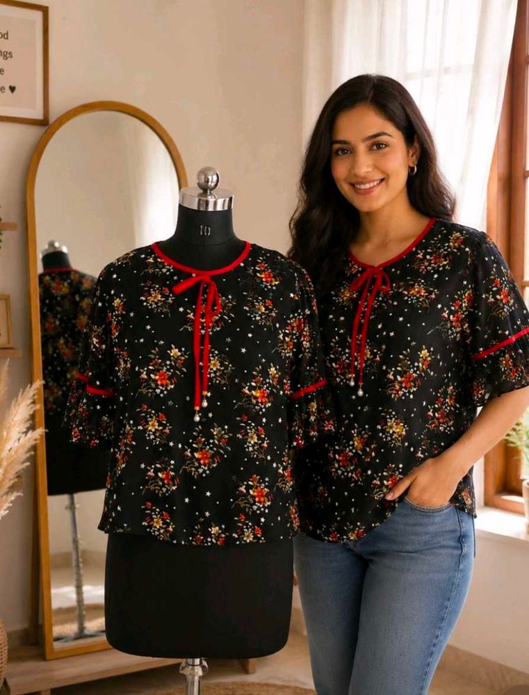 Chic Floral Print Top with Red Trim