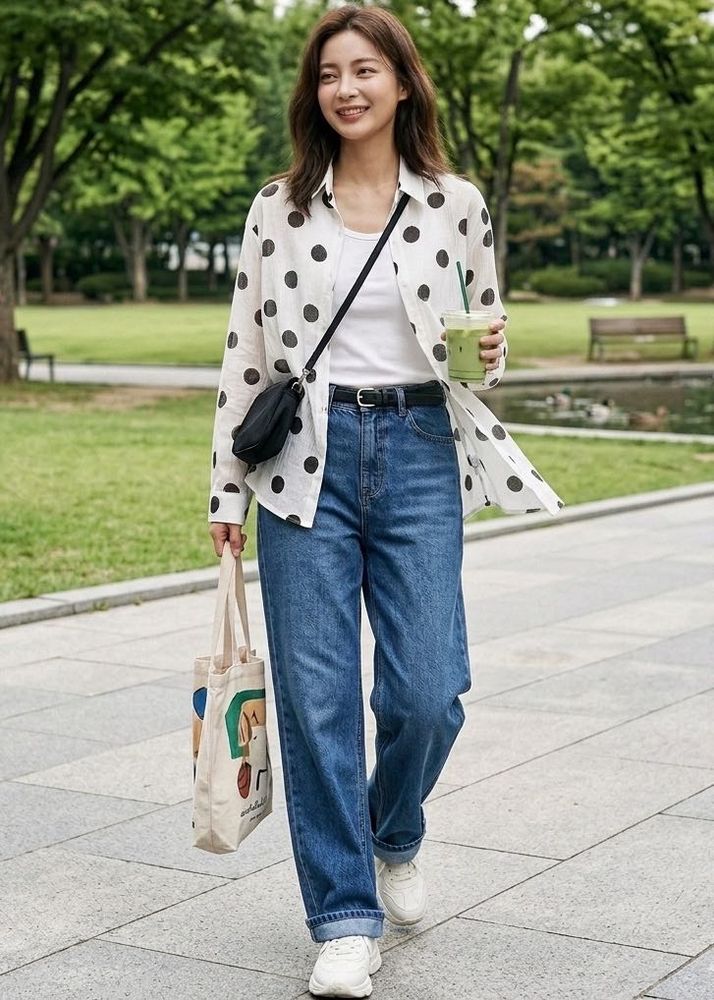 white shirt black Polka Dot Button-Up