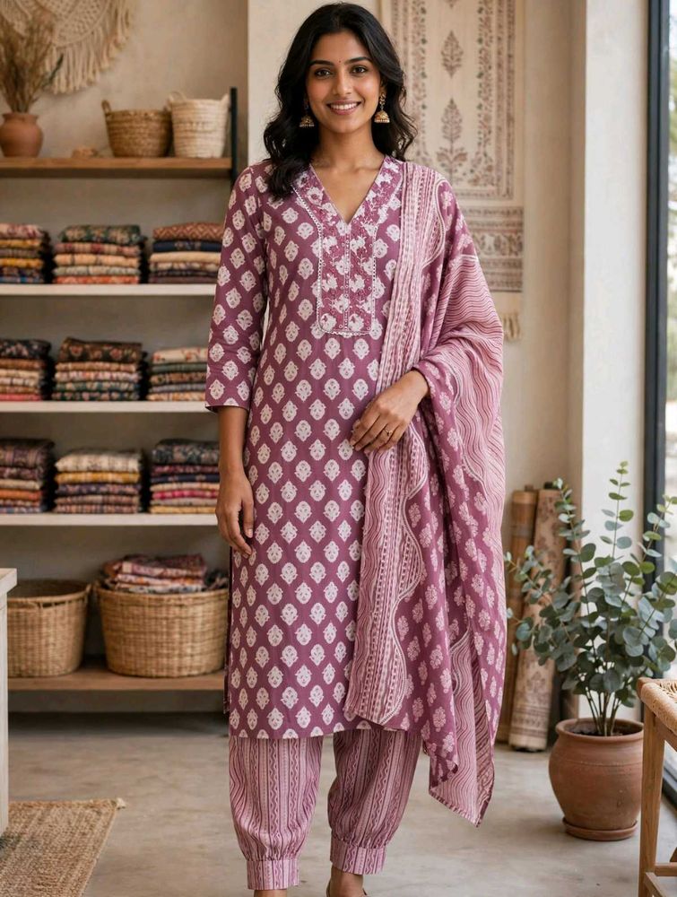 Elegant Purple Printed Kurta Set