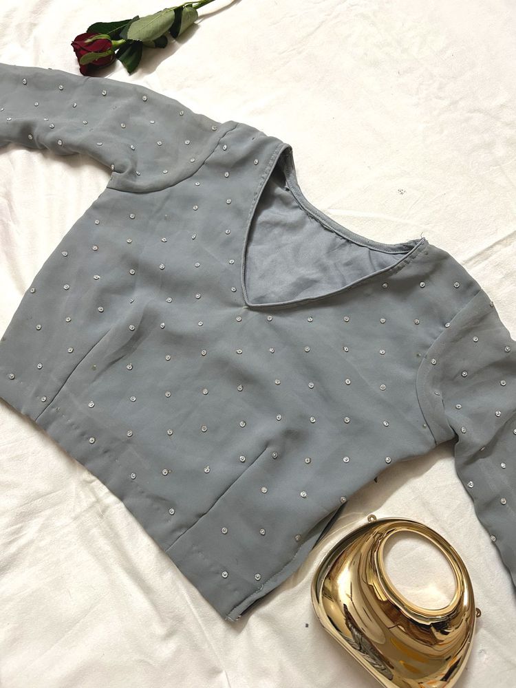 Elegant Grey Embellished Blouse